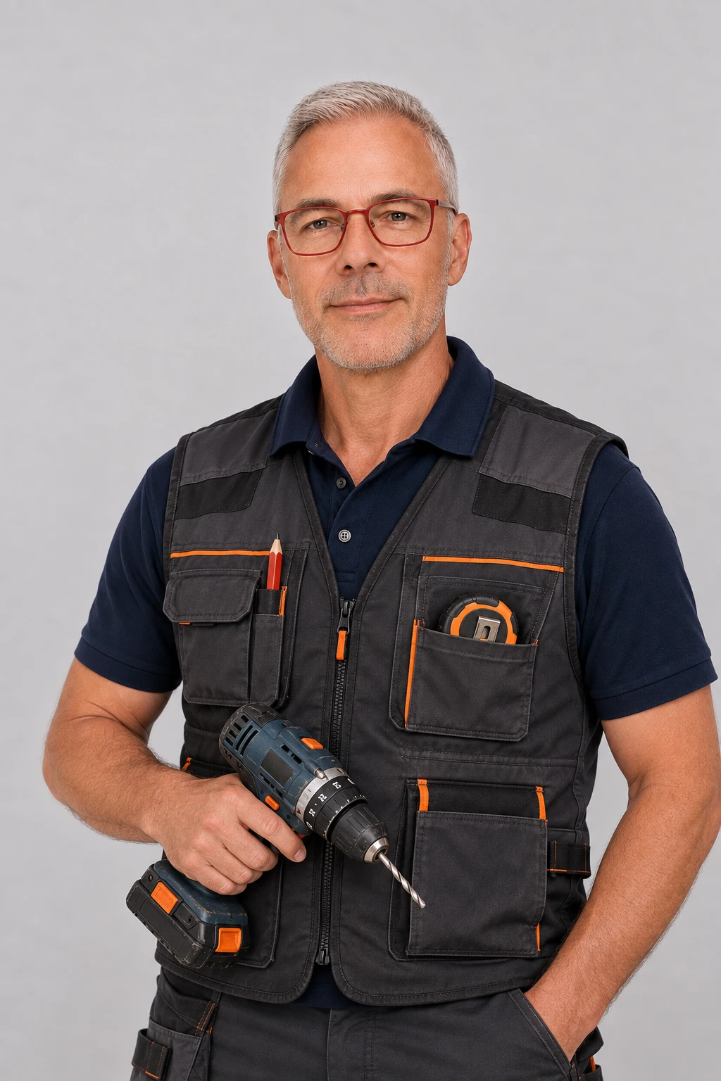 Illustratief portret van een klusser met werkvest en accuboormachine