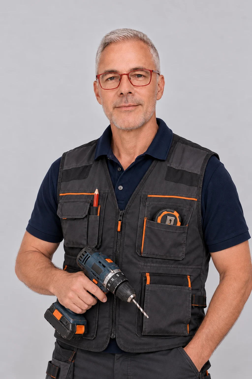 Illustratief portret van een klusser met werkvest en accuboormachine